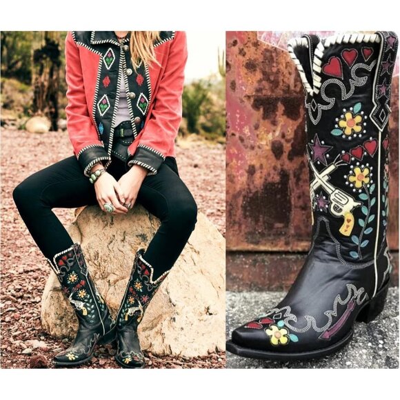 Women's Black Bluebonnet Floral Embroidered Fashion Country Boots Pointed Toe - Picture 6 of 6